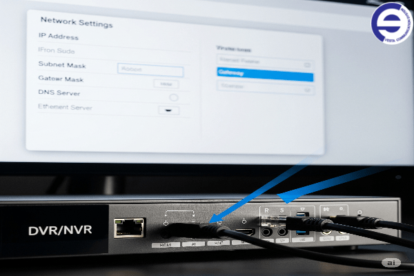 نمای نزدیک از یک دستگاه DVR/NVR متصل به مانیتور، با منوی تنظیمات شبکه باز روی صفحه، نشاندهنده فرآیند پیکربندی اولیه.