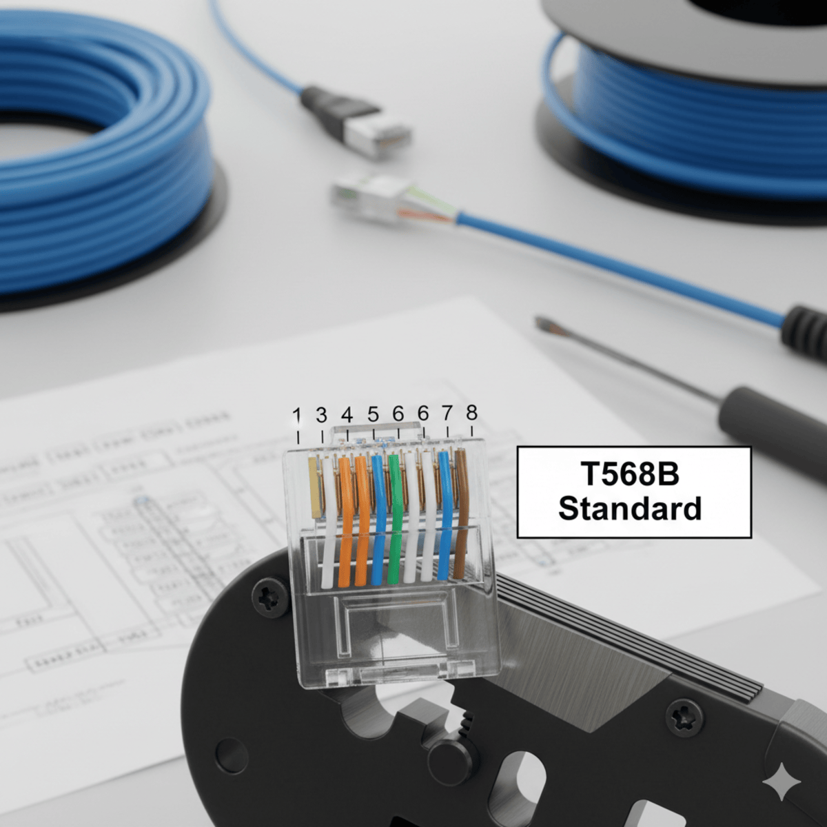استاندارد سیم&zwnj;کشی T568B در کانکتور RJ45