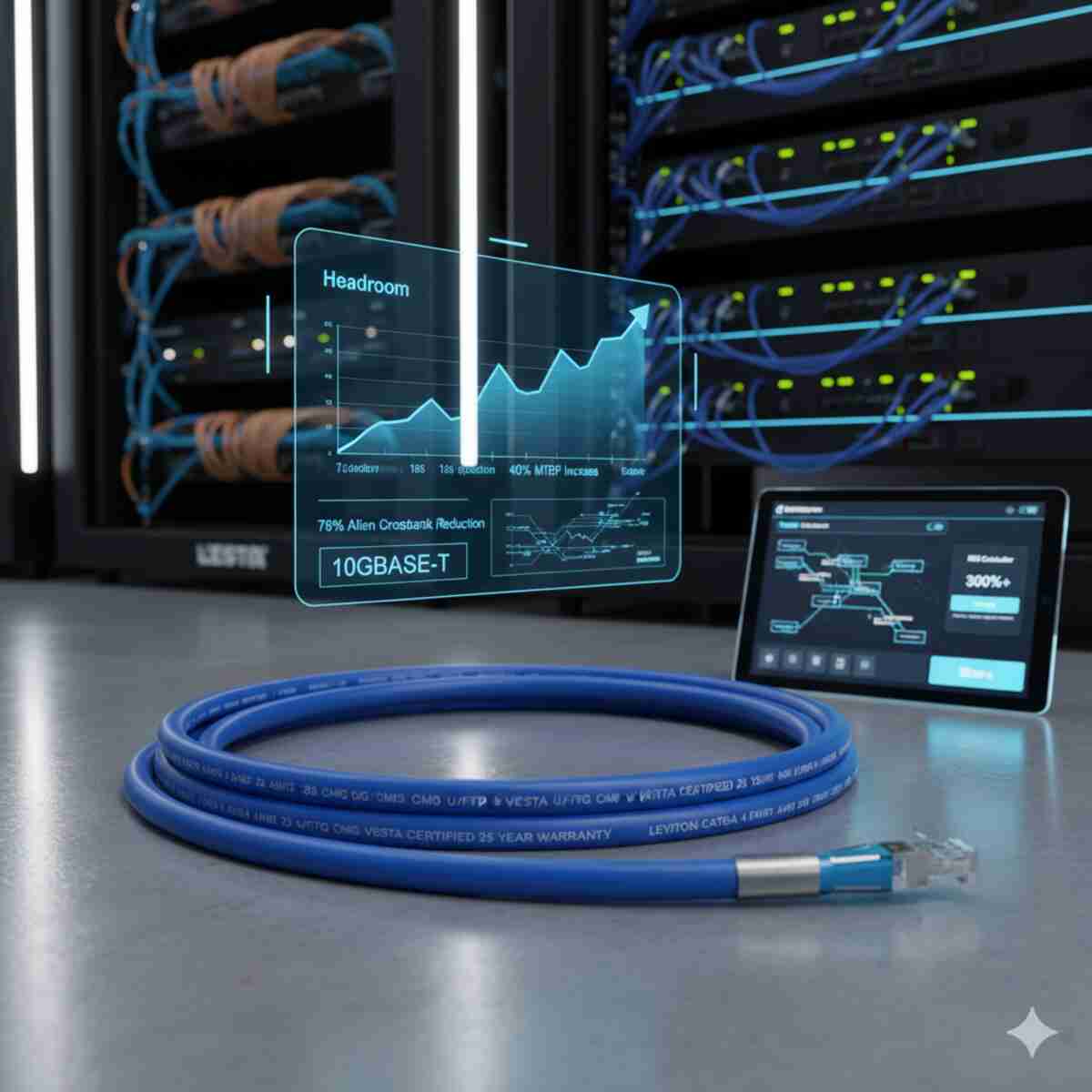 تصویر یک کابل شبکه آبی رنگ Leviton Cat6A را در پیش زمینه نشان می&zwnj;دهد که به یک کانکتور RJ45 متصل است. در پس زمینه، قفسه&zwnj;های سرور با کابل&zwnj;کشی سازمان&zwnj;یافته به وضوح دیده می&zwnj;شوند. یک رابط کاربری هولوگرافیک (HUD) با نمودارهای تحلیلی در مرکز قرار دارد که "Headroom" عملکرد کابل، "78% Alien Crosstalk Reduction" و "40% MTBF Increase" را نمایش می&zwnj;دهد. همچنین عبارت "10GBASE-T" به عنوان نشان&zwnj;دهنده سرعت شبکه قابل مشاهده است. در سمت راست، یک تبلت با نمودار "ROI Calculator" و "300%+" نشان می&zwnj;دهد، که همگی بر اهمیت و برتری کابل&zwnj;های Leviton در زیرساخت&zwnj;های شبکه حیاتی تأکید دارند.