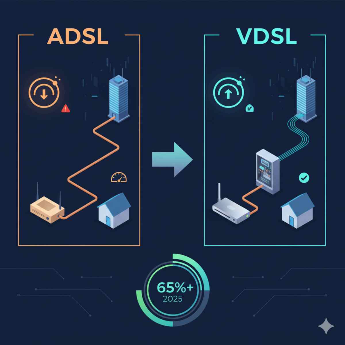 تصویری اینفوگرافیک که تفاوت بین فناوری&zwnj;های ADSL و VDSL را نشان می&zwnj;دهد. در سمت چپ، مودم ADSL و نحوه اتصال آن از طریق خط مسی طولانی به یک ساختمان مرکزی را می&zwnj;بینیم که نشان&zwnj;دهنده سرعت پایین و محدودیت فاصله است. در سمت راست، مودم VDSL و اتصال آن از طریق خطوط کوتاه&zwnj;تر به یک کافو (DSLAM) متصل به فیبر نوری از ساختمان مرکزی را نشان می&zwnj;دهد که نماد سرعت بالاتر و کارایی بهتر است. در پایین تصویر، یک آیکون دایره&zwnj;ای با نوشته "65%+ 2025" نشان&zwnj;دهنده رشد پوشش VDSL تا سال 2025 است. این تصویر به وضوح ارتقاء از ADSL به VDSL را در زیرساخت&zwnj;های اینترنتی نمایش می&zwnj;دهد.