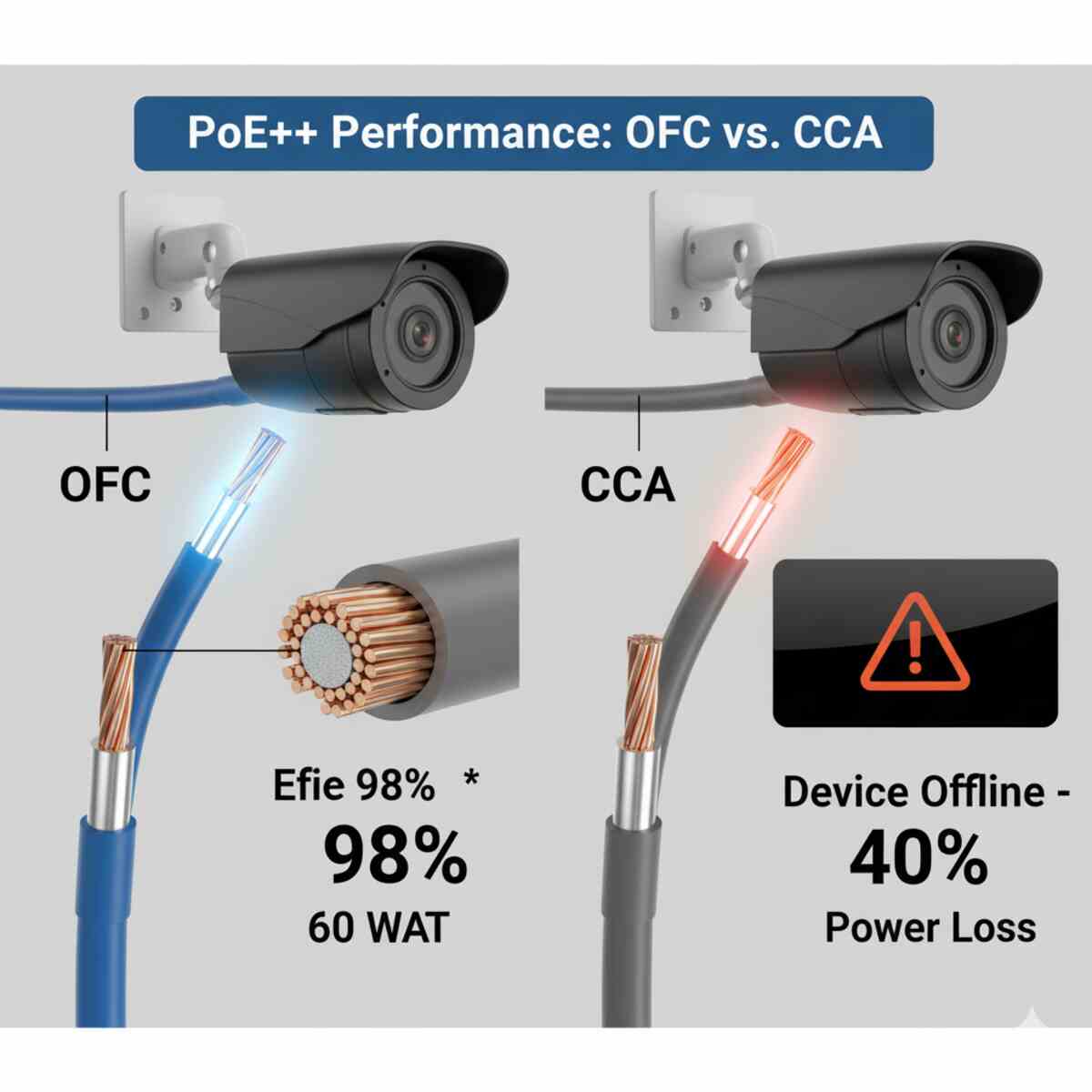 تصویری مقایسه&zwnj;ای از عملکرد PoE++ (Power over Ethernet) بین کابل&zwnj;های مسی خالص (OFC) و آلومینیوم با روکش مس (CCA). سمت چپ یک کابل آبی OFC را نشان می&zwnj;دهد که با کارایی ۹۸ درصدی (۶۰ وات) به یک دوربین امنیتی مشکی انرژی می&zwnj;رساند. سمت راست یک کابل خاکستری CCA را نشان می&zwnj;دهد که به دلیل ۴۰ درصد افت توان، دستگاه را آفلاین کرده است، با نور قرمز رنگی که از کابل CCA ساطع می&zwnj;شود. تصاویر برش&zwnj;خورده از داخل کابل&zwnj;ها نیز نمایش داده شده&zwnj;اند.